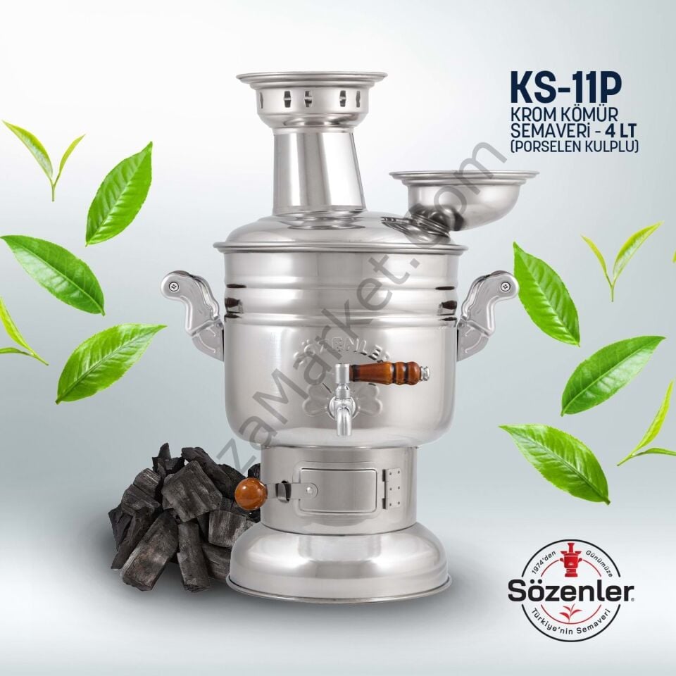 (4 LT) KROM KÖMÜRLÜ SEMAVER (PORSELEN KULP)